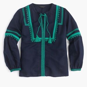 J.Crew Linen Embroidered Blouse with Tassels - Navy Blue w/Green